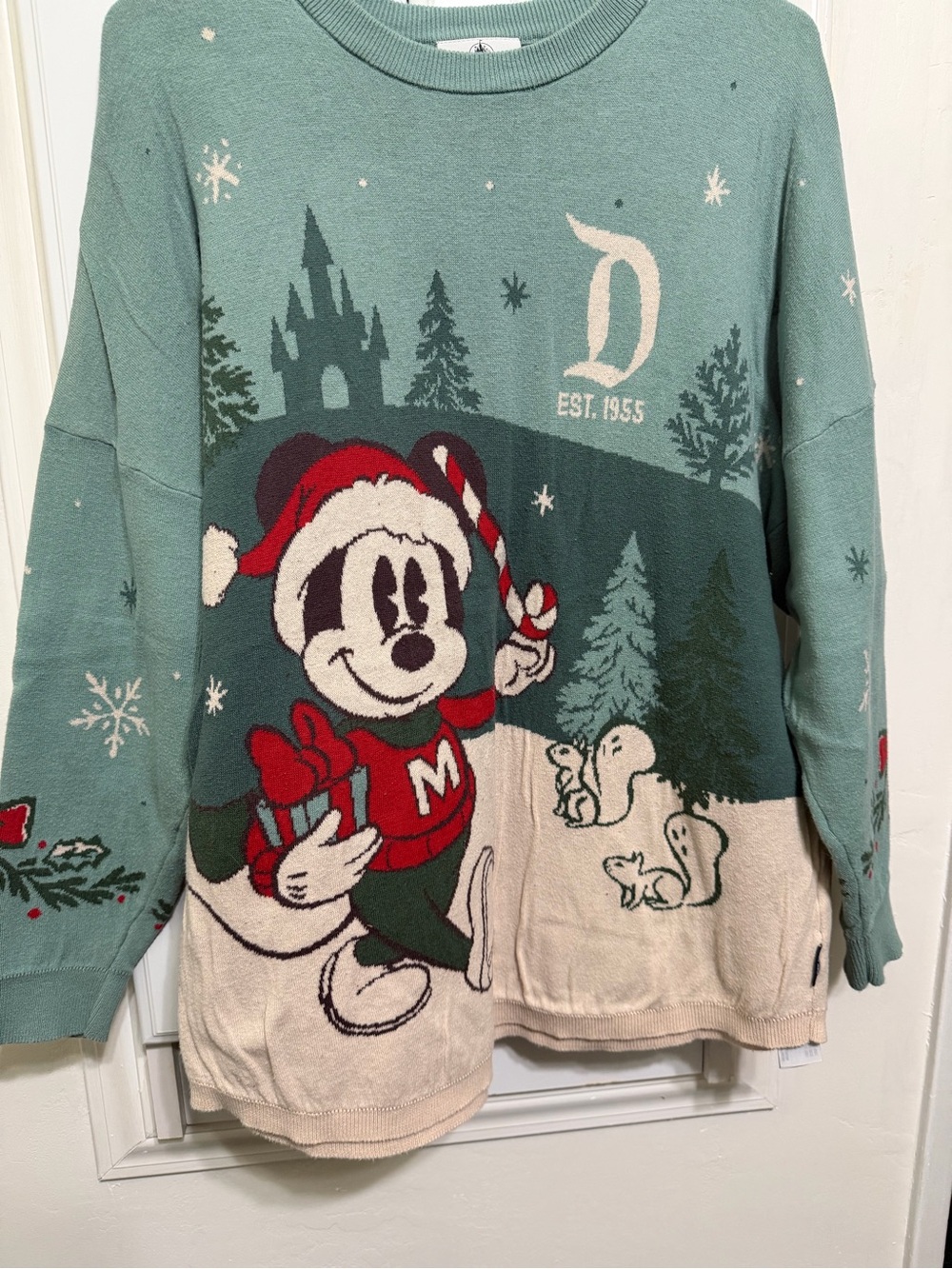 Disney  Green & Cream Mickey Holiday Crewneck Sweater with Red Accents